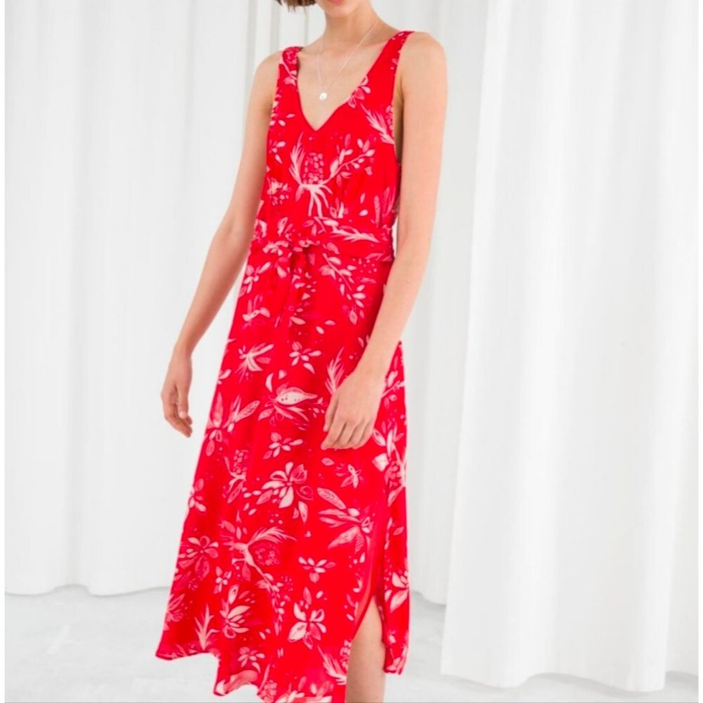 &Other Stories Red Floral Sleeveless Belted Midi Maxi Dress Sz 2 Boho Open Back